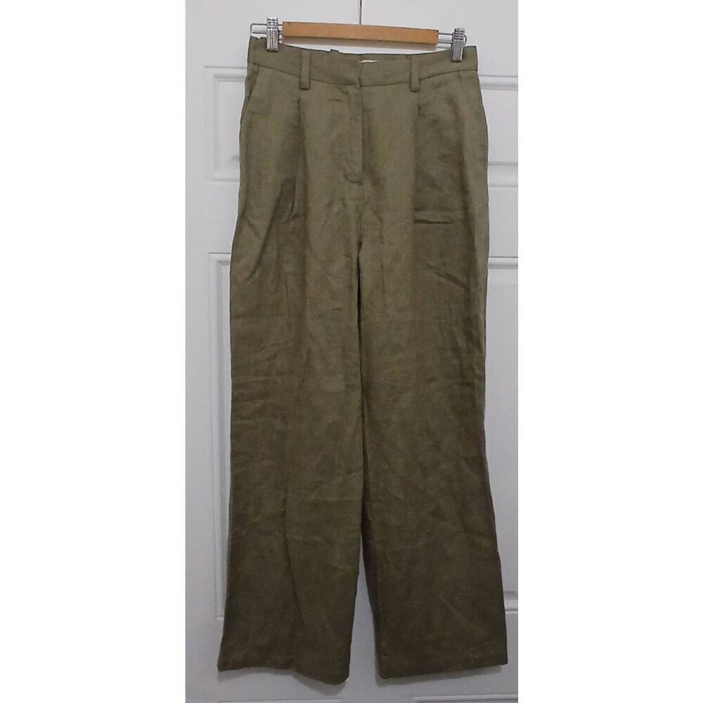 Oak + fort womens size 4 hi Rise wide leg 100% linen Gauzy pants army green